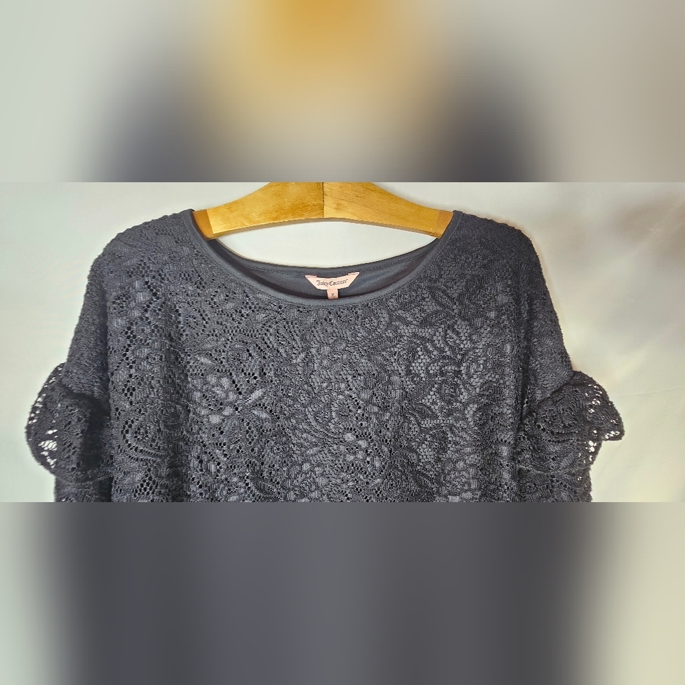 Juicy Couture  Black Lace Top Blouse XL NWT Long Sleeve Ruffle  Whimsy Goth - Picture 2 of 11